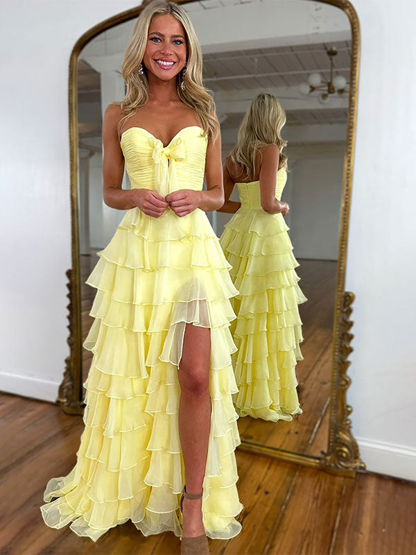 A-Line Sweetheart Chiffon Tiered Long Prom Dress with Slit