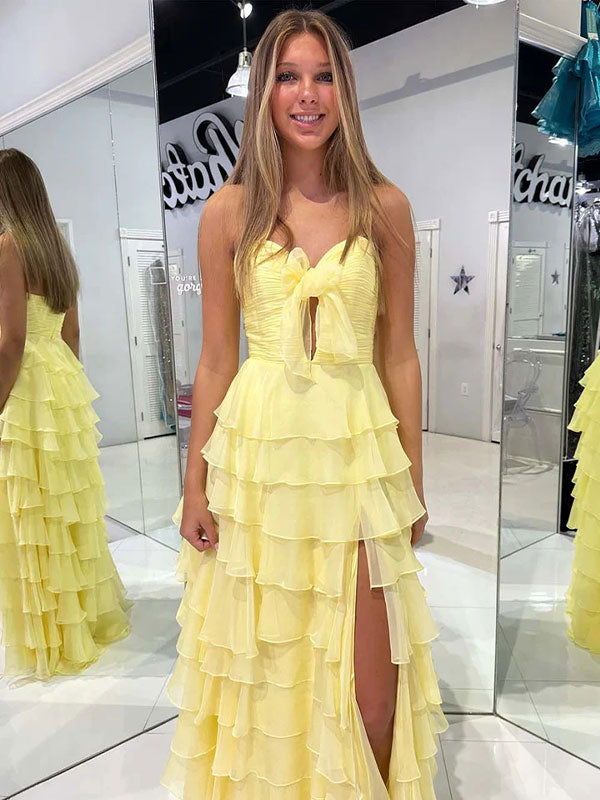 A-Line Sweetheart Chiffon Tiered Long Prom Dress with Slit