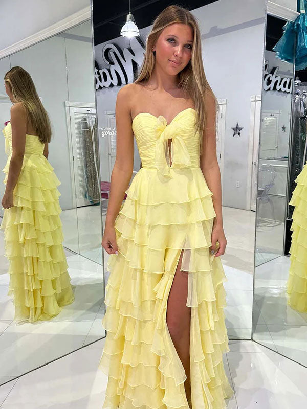 A-Line Sweetheart Chiffon Tiered Long Prom Dress with Slit