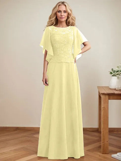 A-line Scoop Illusion Floor-Length Lace Chiffon Mother of the Bride Dress With Sequins