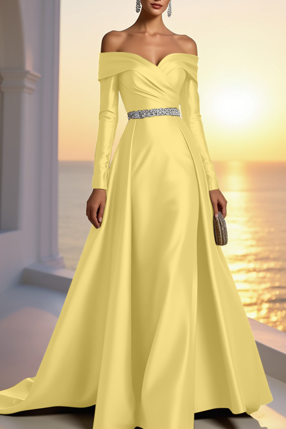 Formal Gold Satin Dress Off The Shoulder Long Sleeve Maxi Gown