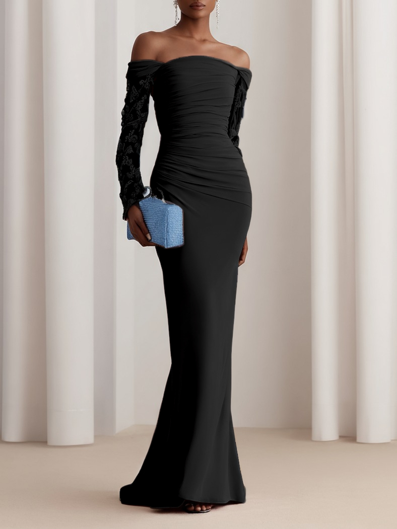 Pink Lace Classic Off The Shoulder Long Sleeve Sheath Gown Dress