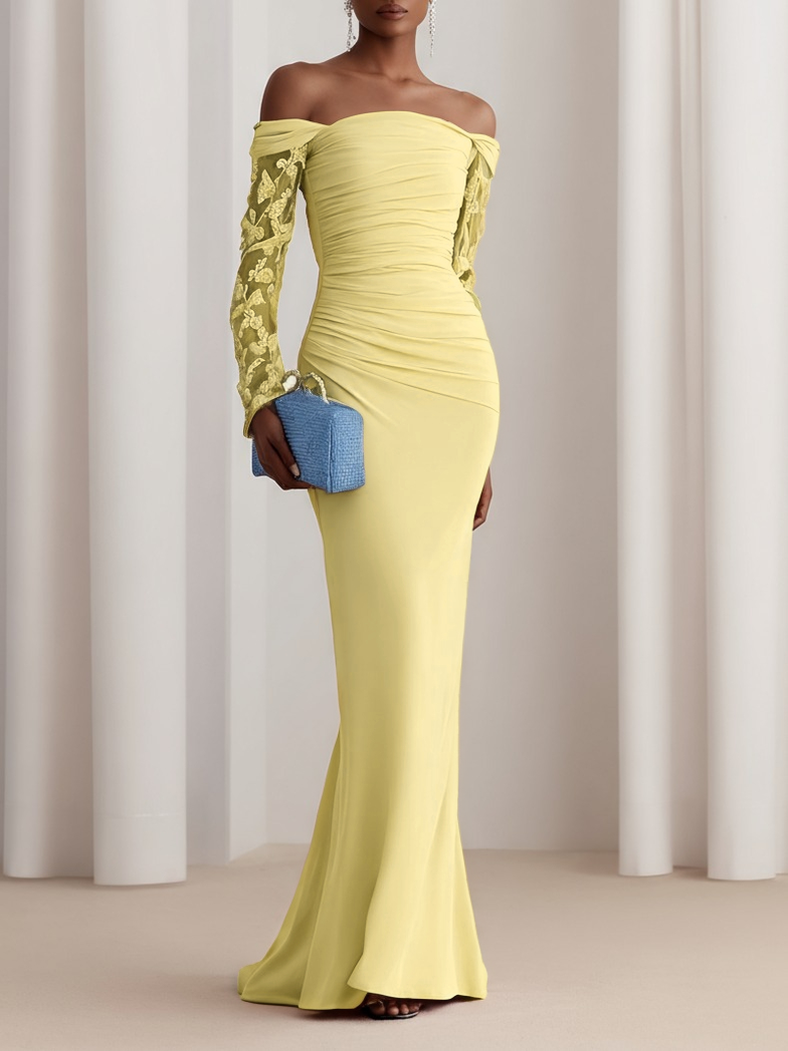 Pink Lace Classic Off The Shoulder Long Sleeve Sheath Gown Dress