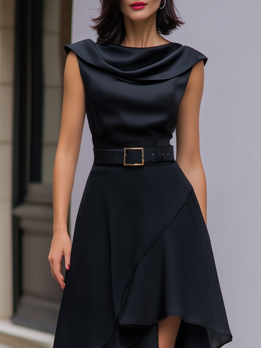 Black Draped Cowl-Neck Belted Asymmetrical Satin Midi Dress
