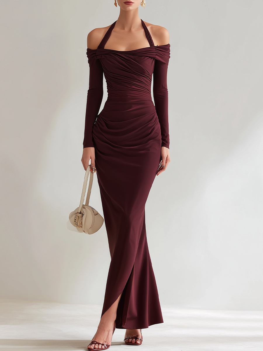 Burgundy Draped Off-Shoulder Halter Ruched Maxi Dress