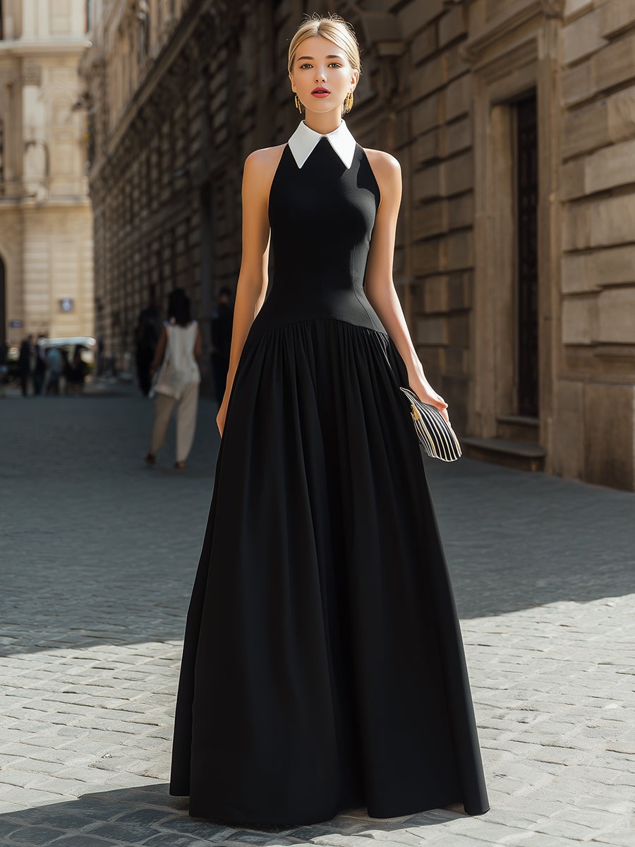 Black Halter Collar Pleated Maxi Dress