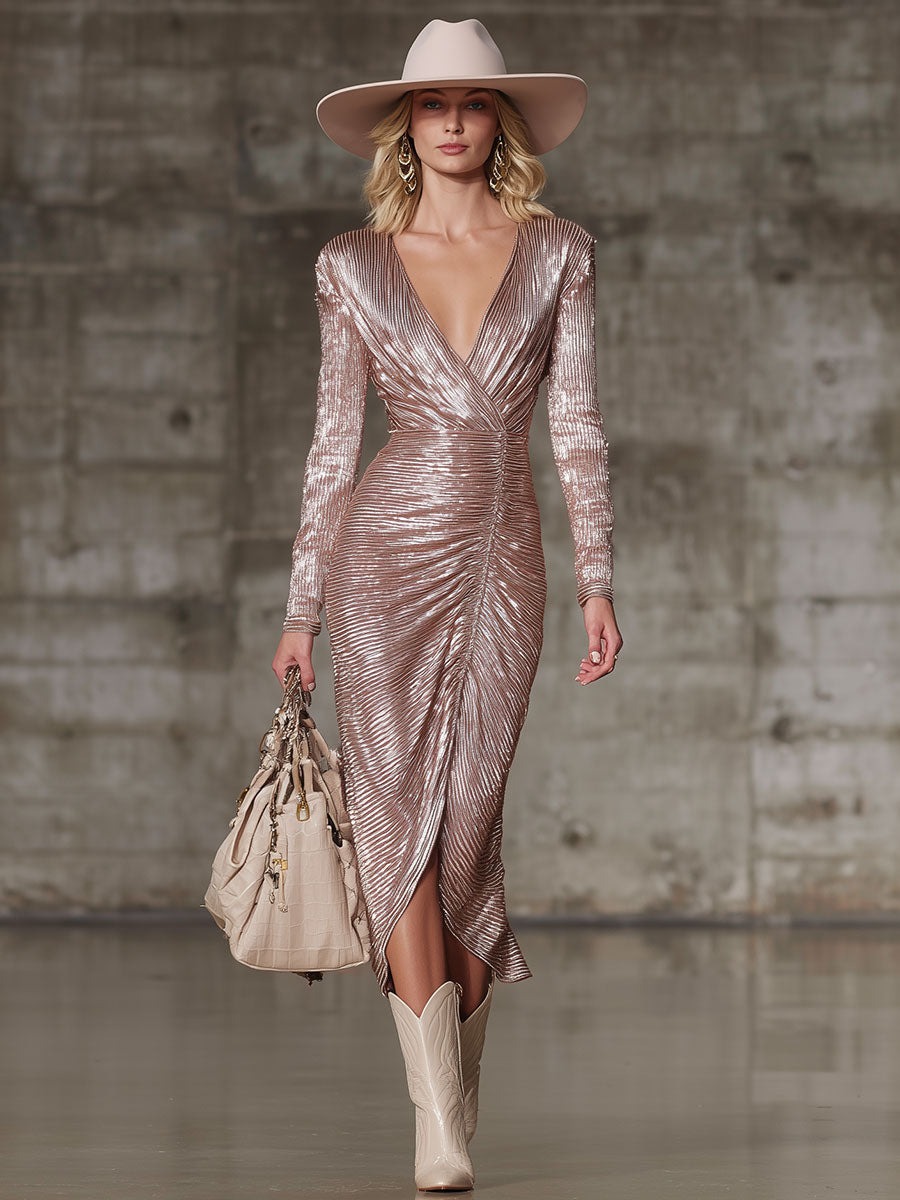 Elegant And Gorgeous Pink Shiny Texture Midi Dress