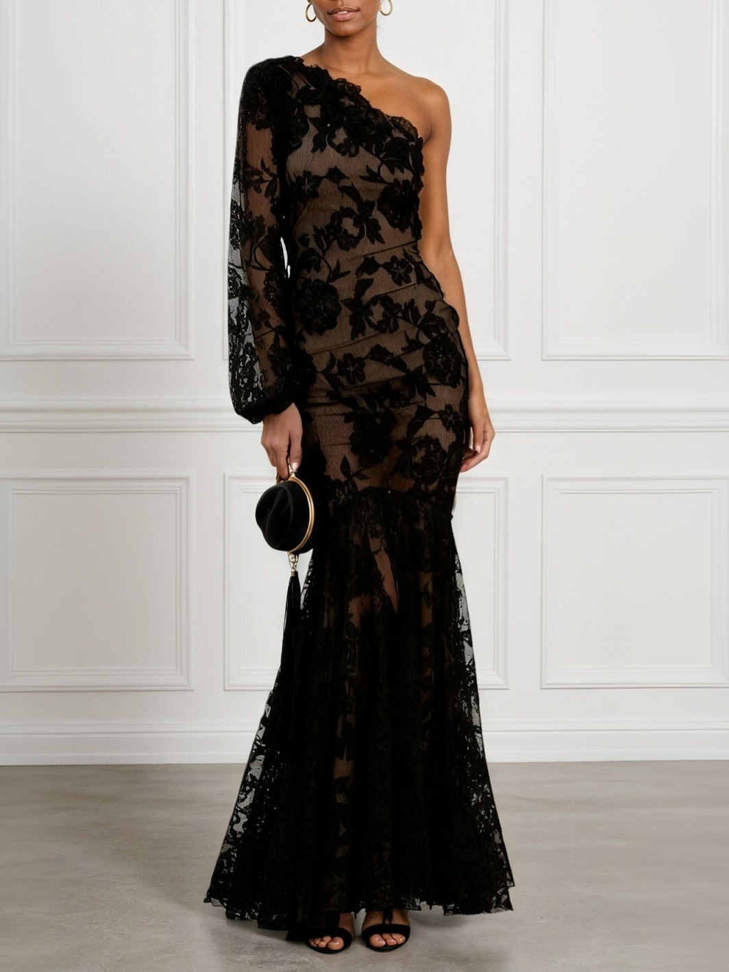 Black Jacquard Lace One Shoulder Long Sleeve Mermaid Maxi Dress