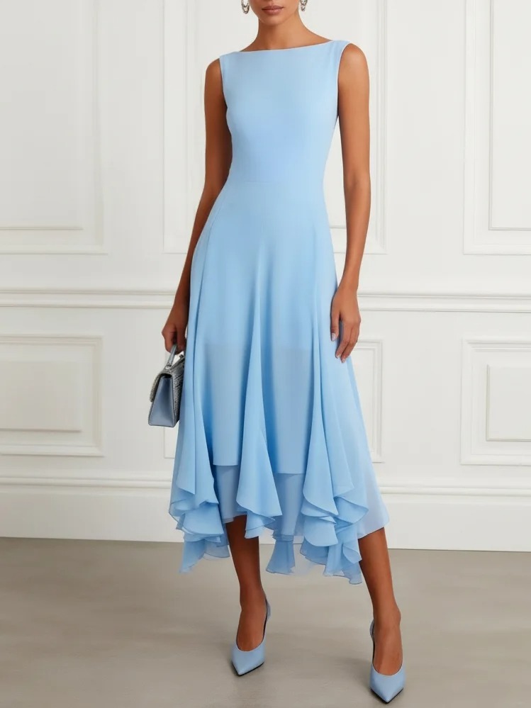 Light Blue Asymmetric Chiffon Boat Neck Sleeveless A-Line Midi Dress