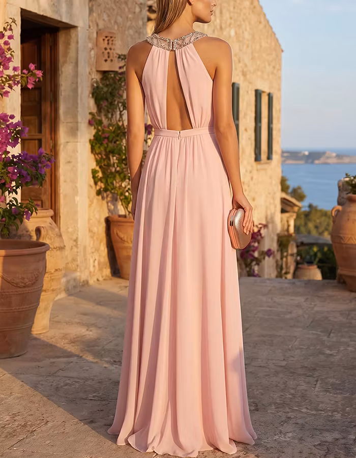 Light Pink Halter Neck Ruched Chiffon A-Line Maxi Dress