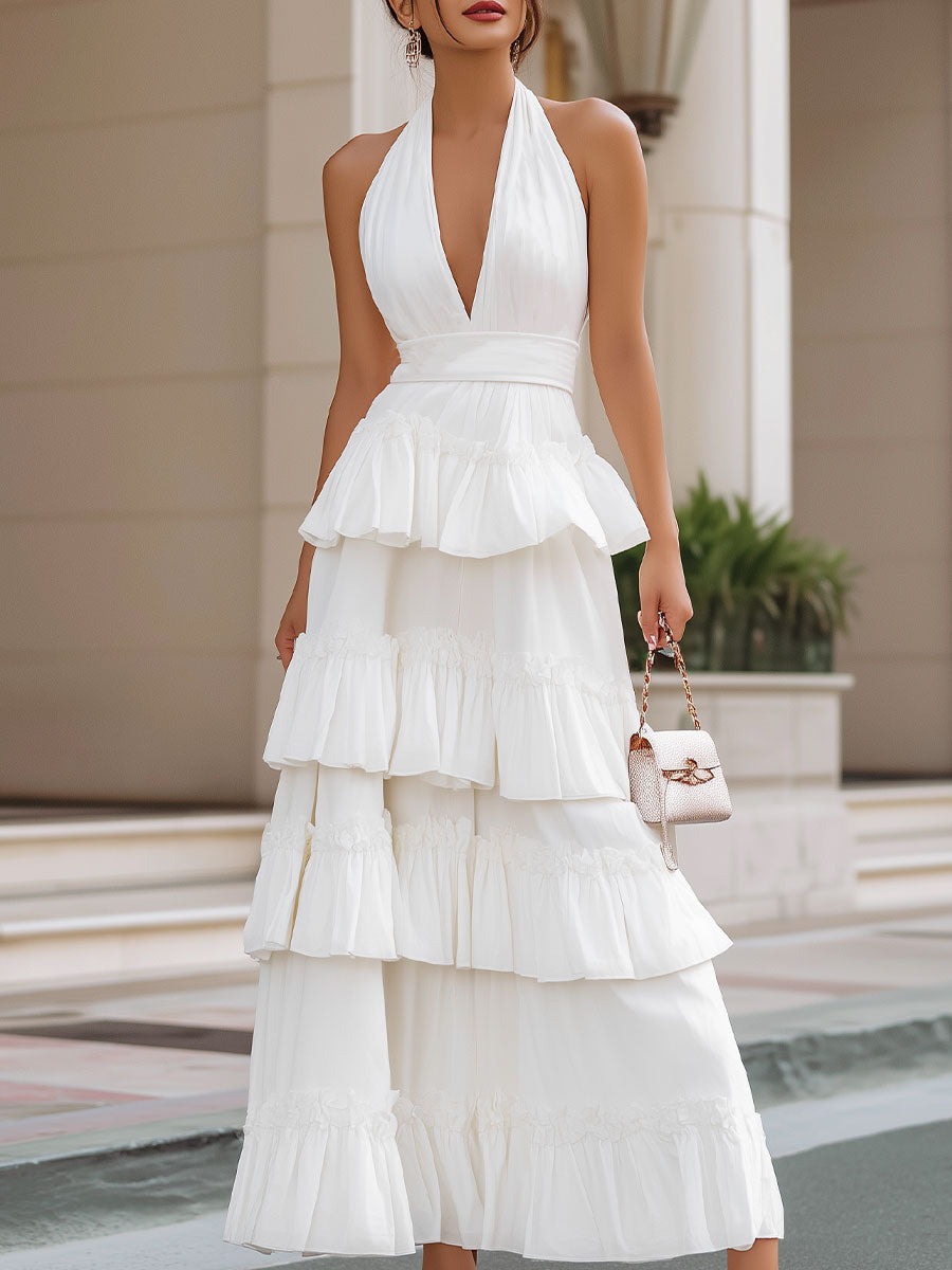 Ivory Enchanting Ivory Tiered Halter Maxi Dress