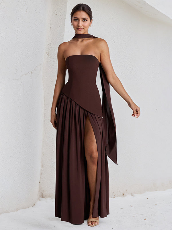 Elegant Mint Green Strapless Pleated Maxi Dress With Slit