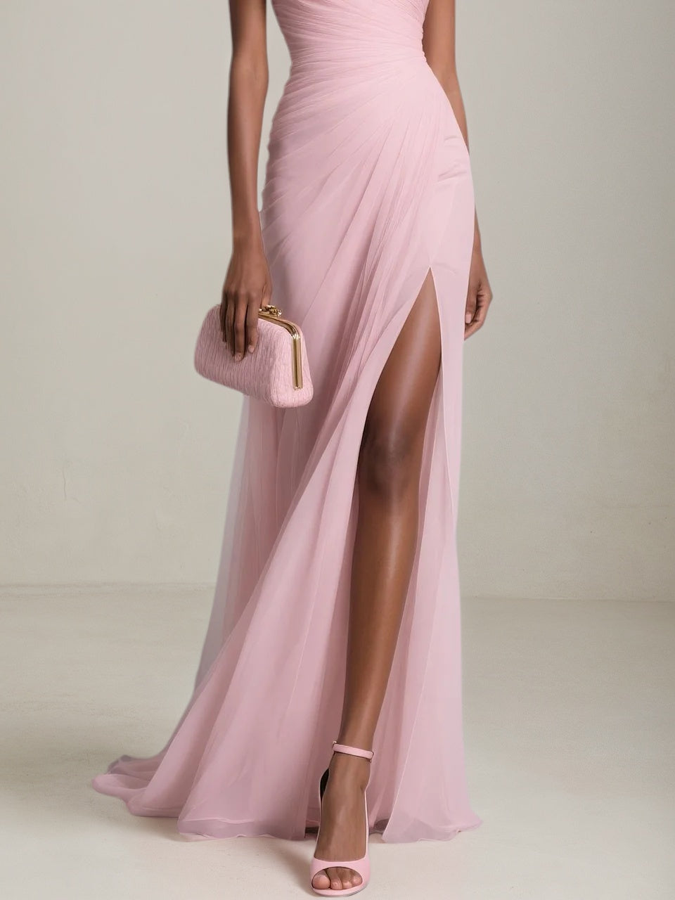 Pink Chiffon 3D Floral Slit One Shoulder Sleeveless Sheath Gown Dress