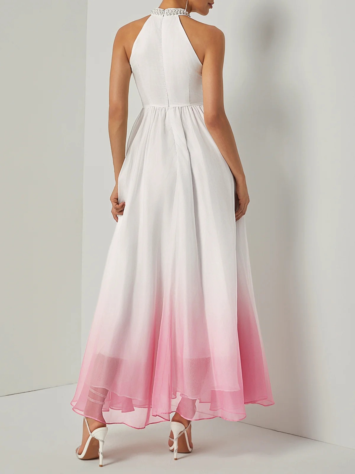 Pink Chiffon Halter Ombre Imitation Pearl Cut Out Sleeveless A-Line Mock Neck Maxi Dress