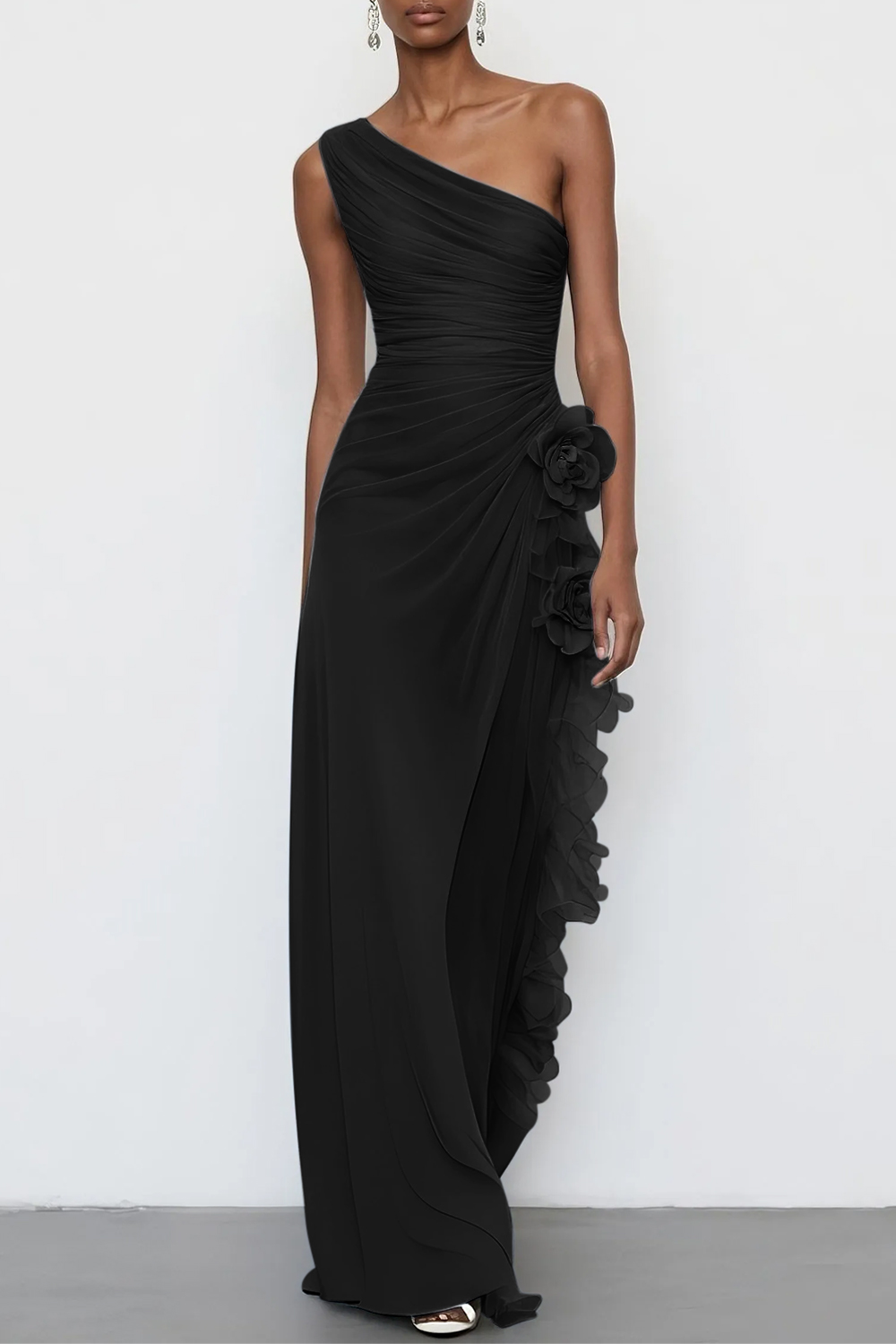 Light Blue 3D Floral Chiffon One Shoulder Sleeveless Sheath Maxi Dress