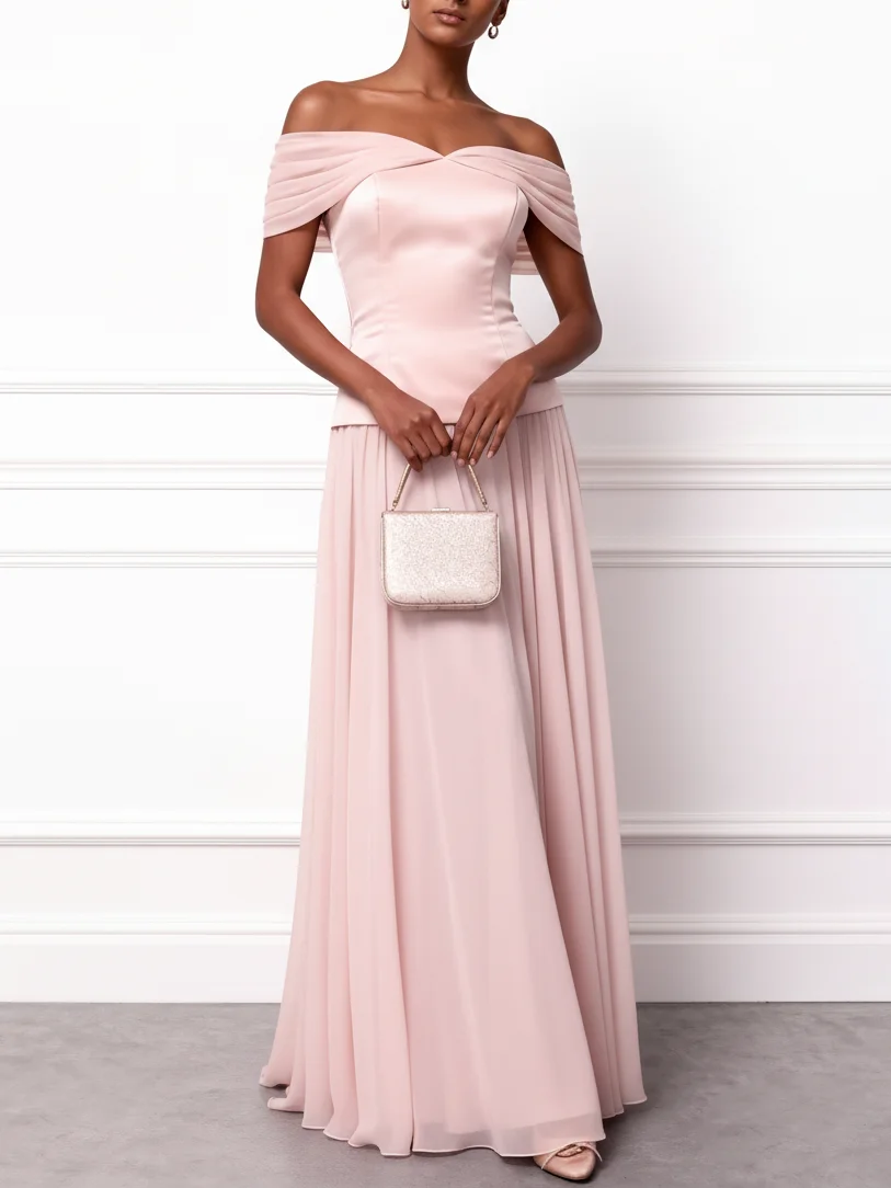 Pink Split Joint Chiffon Satin Off The Shoulder Sleeveless A-Line Maxi Dress