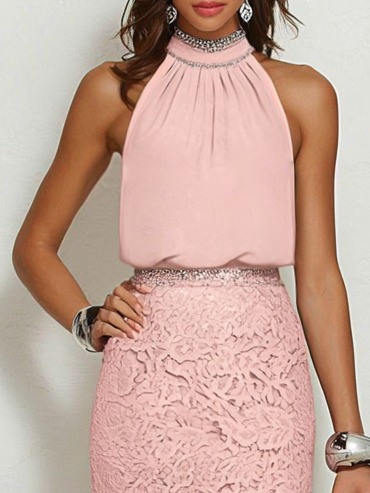 Pink Rhinestone Ruched Lace Crew Neck Sleeveless Mermaid Maxi Dress