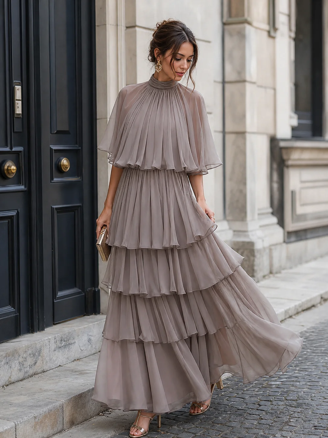 Mock Neck Layered Capelet Ruffled Tiered Chiffon Maxi Dress