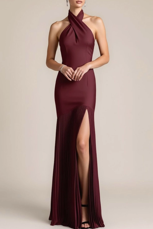 Formal ​Wedding Bridesmaid Dress Burgundy Halter Pleated Maxi Dress with Slit