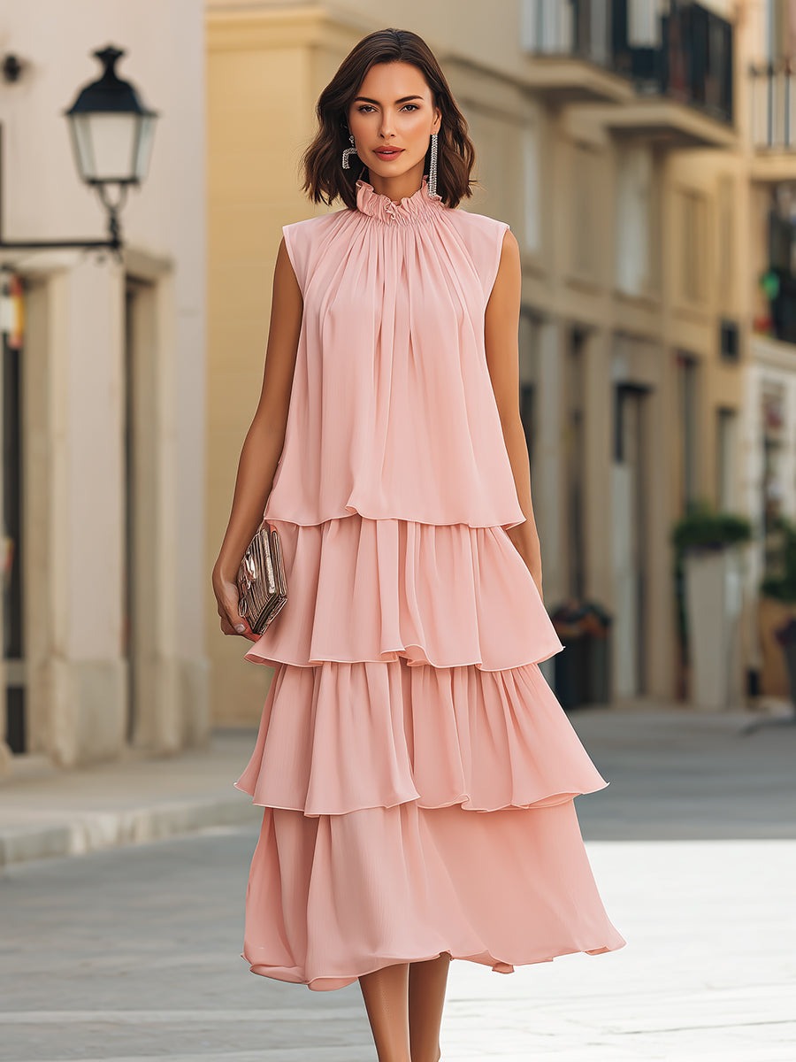 Pink Sleeveless Tiered Ruffle High-Neck Midi Dress