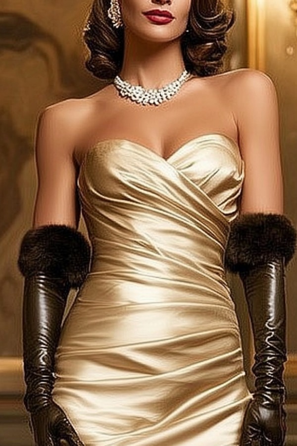 Formal Evening Dress Gold Strapless Ruched Maxi Satin Dress