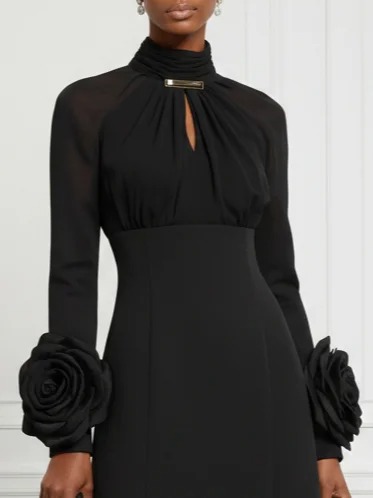 Black 3D Floral Buckle Classic Mock Neck Long Sleeve A-Line Mini Dress