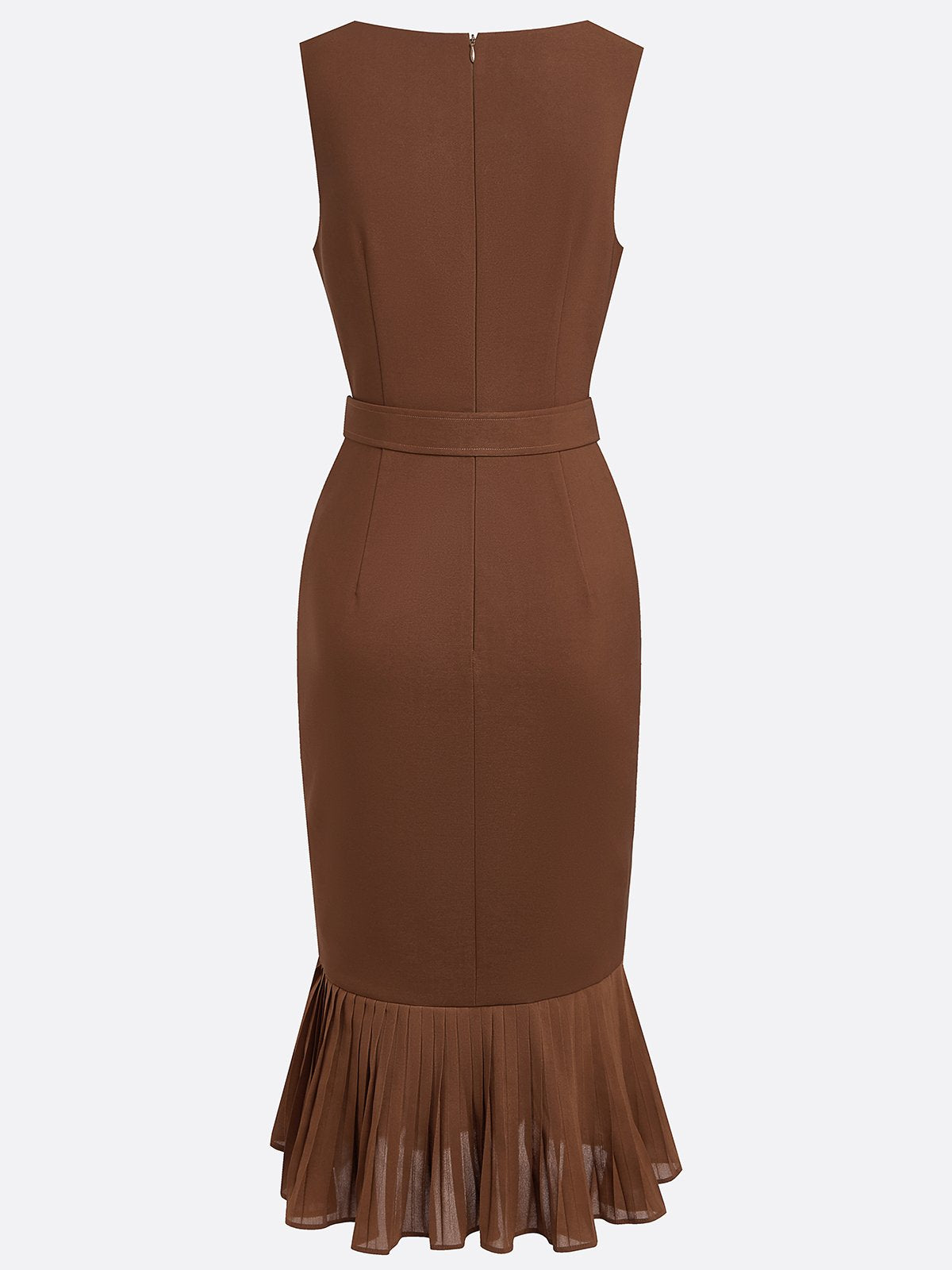 Brown Pleated Slit Classic Boat Neck Sleeveless Mermaid Midi Dress