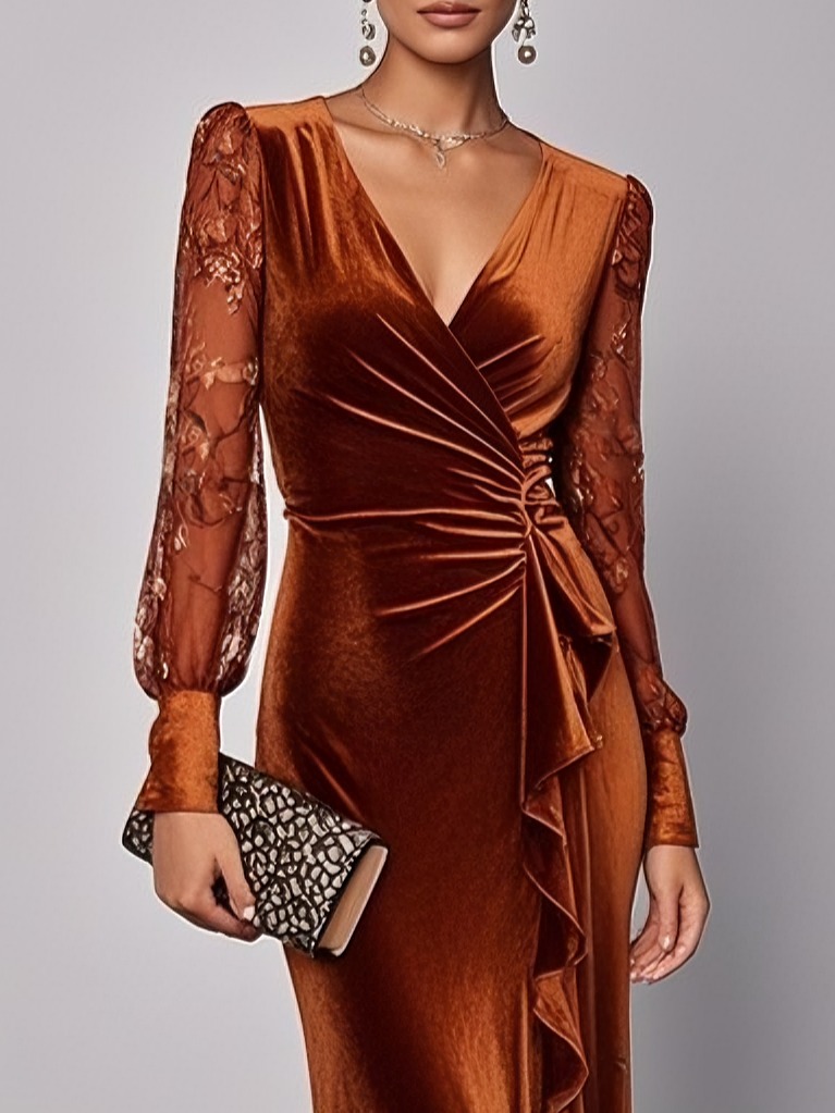 Caramel Lace Ruffled Velvet V Neck Long Sleeve Balloon Sleeve Sheath Maxi Dress