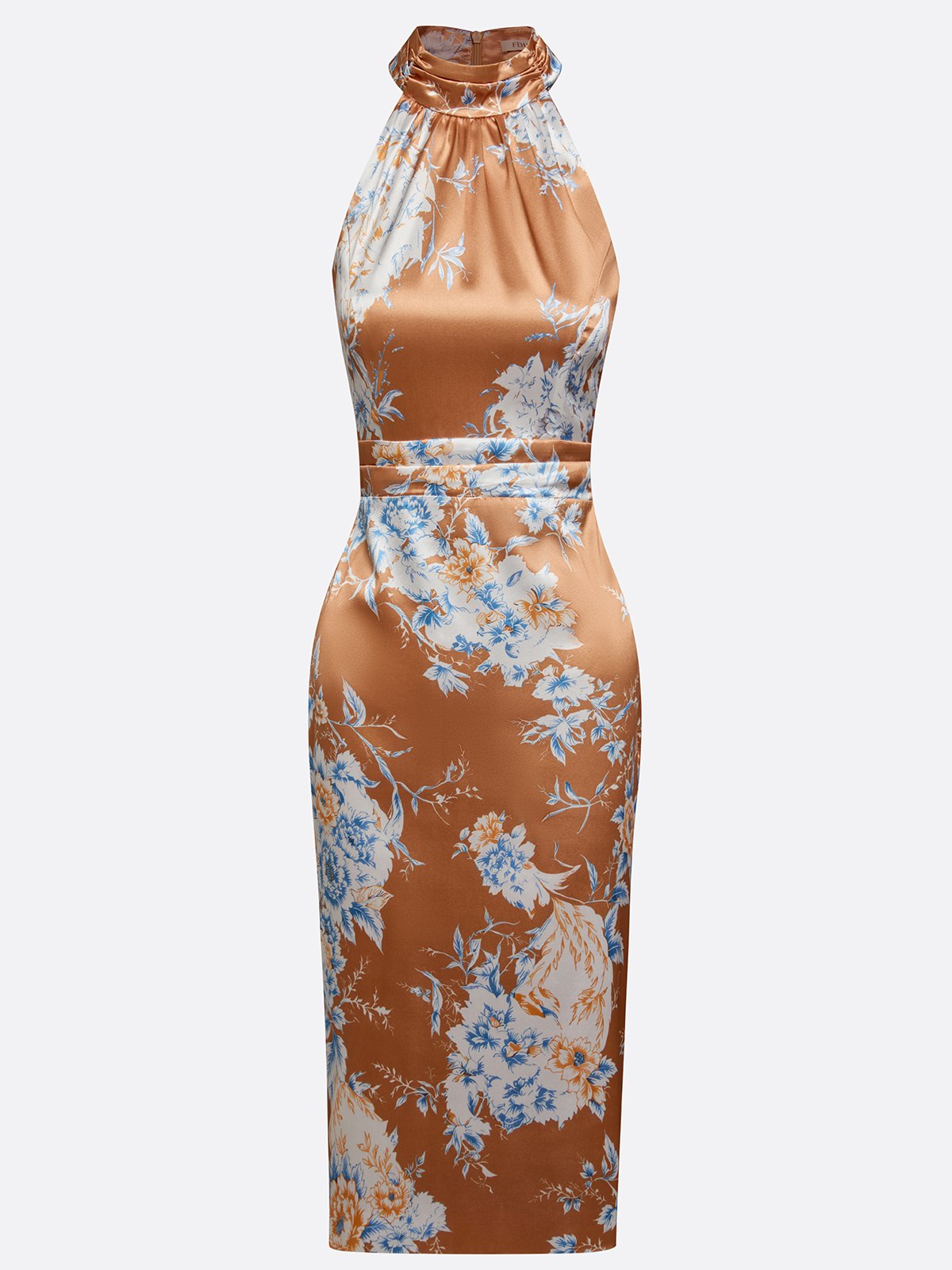 Brown Floral Satin Halter Sleeveless Sheath Midi Dress
