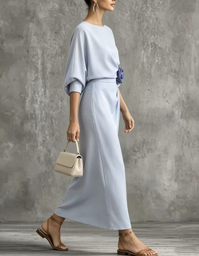 Light Blue Boat-neck Midi Dress