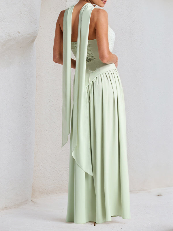 Elegant Mint Green Strapless Pleated Maxi Dress With Slit