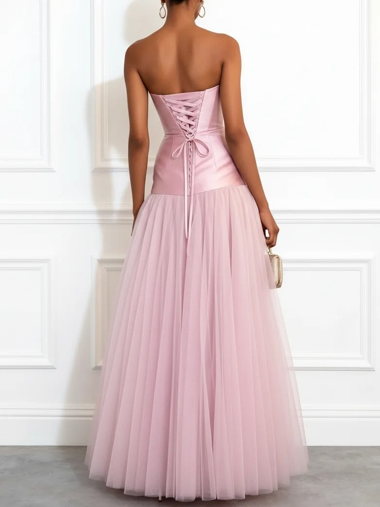 Pink Bow Mesh Satin Strapless Sleeveless A-Line Maxi Dress