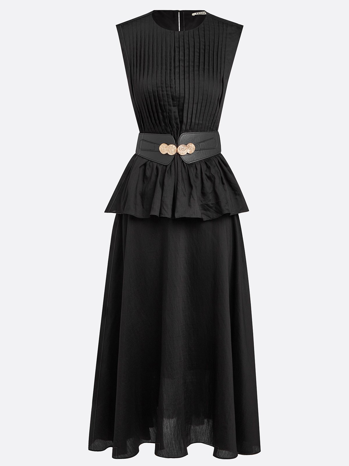 Women Black Lyocell Pleated Crew Neck Sleeveless Dressy Top With Skirt Two-Piece Set