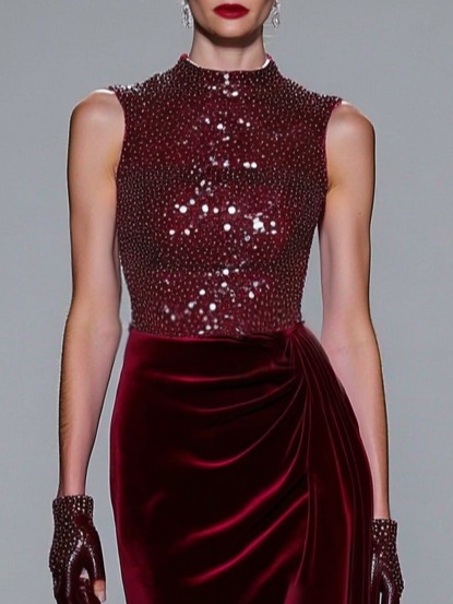 Burgundy Ruched Glitter Sequin Velvet Crew Neck Sleeveless Mermaid Gown Dress
