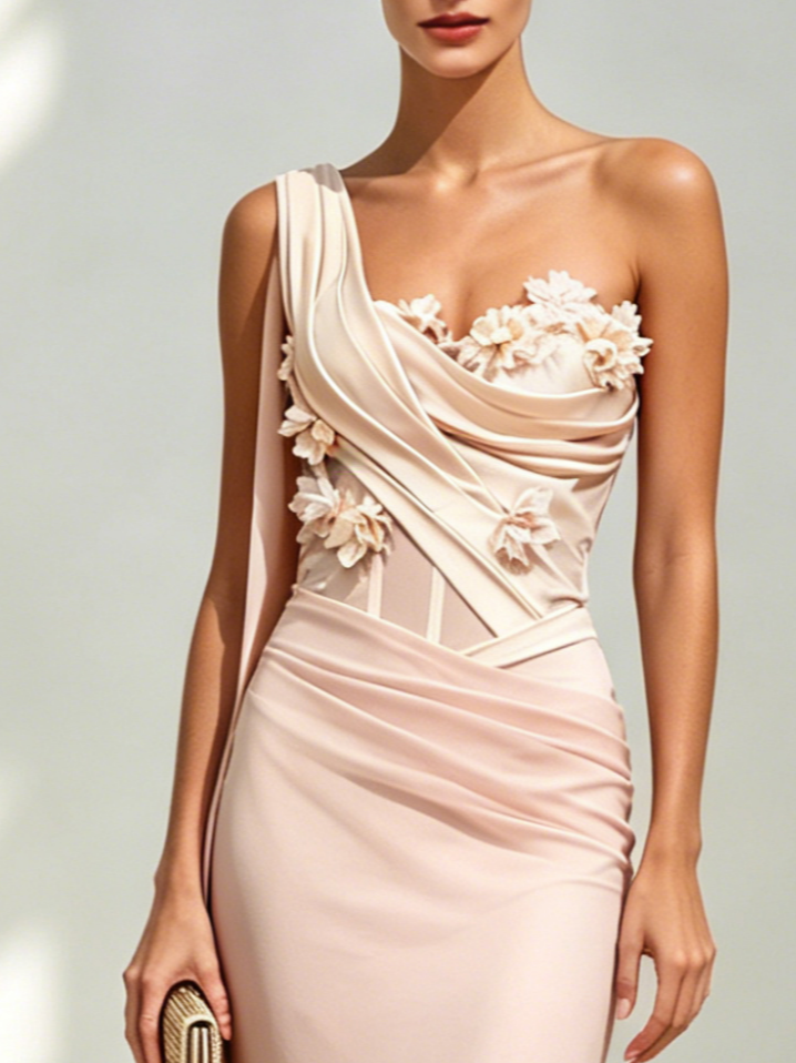 One-Shoulder Floral Applique Draped Long Evening Dress