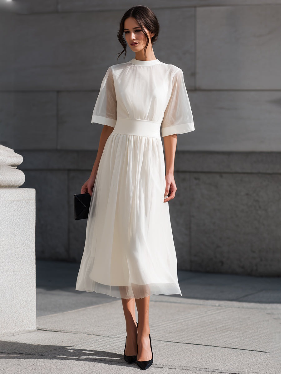 White Sheer Sleeve Waist-Defined Midi Dress