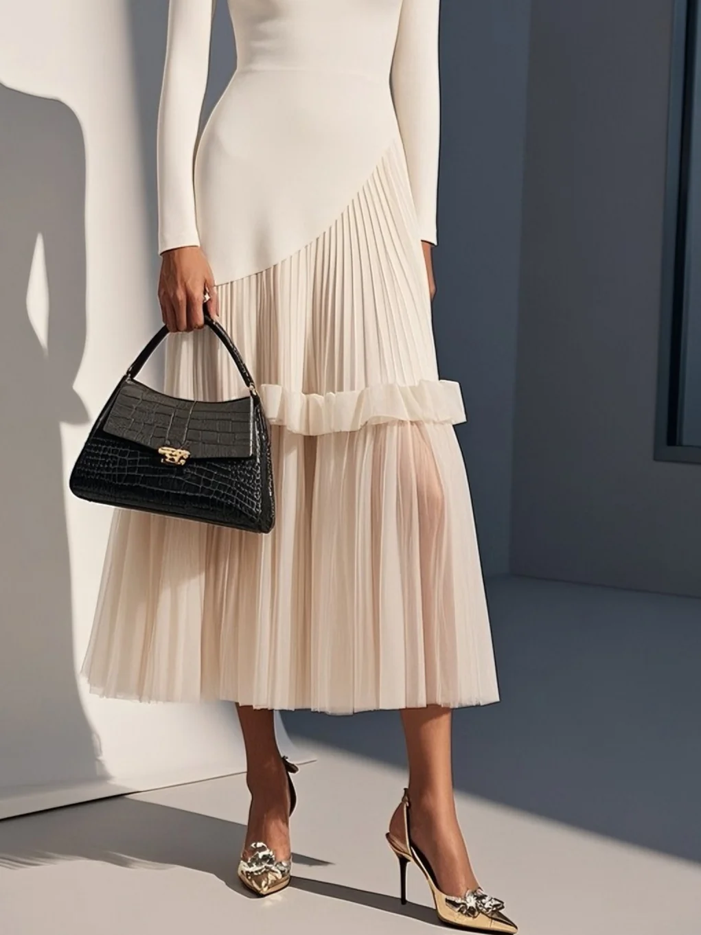 White Pleated Ruffled Knit Crew Neck Long Sleeve A-Line Midi Dress