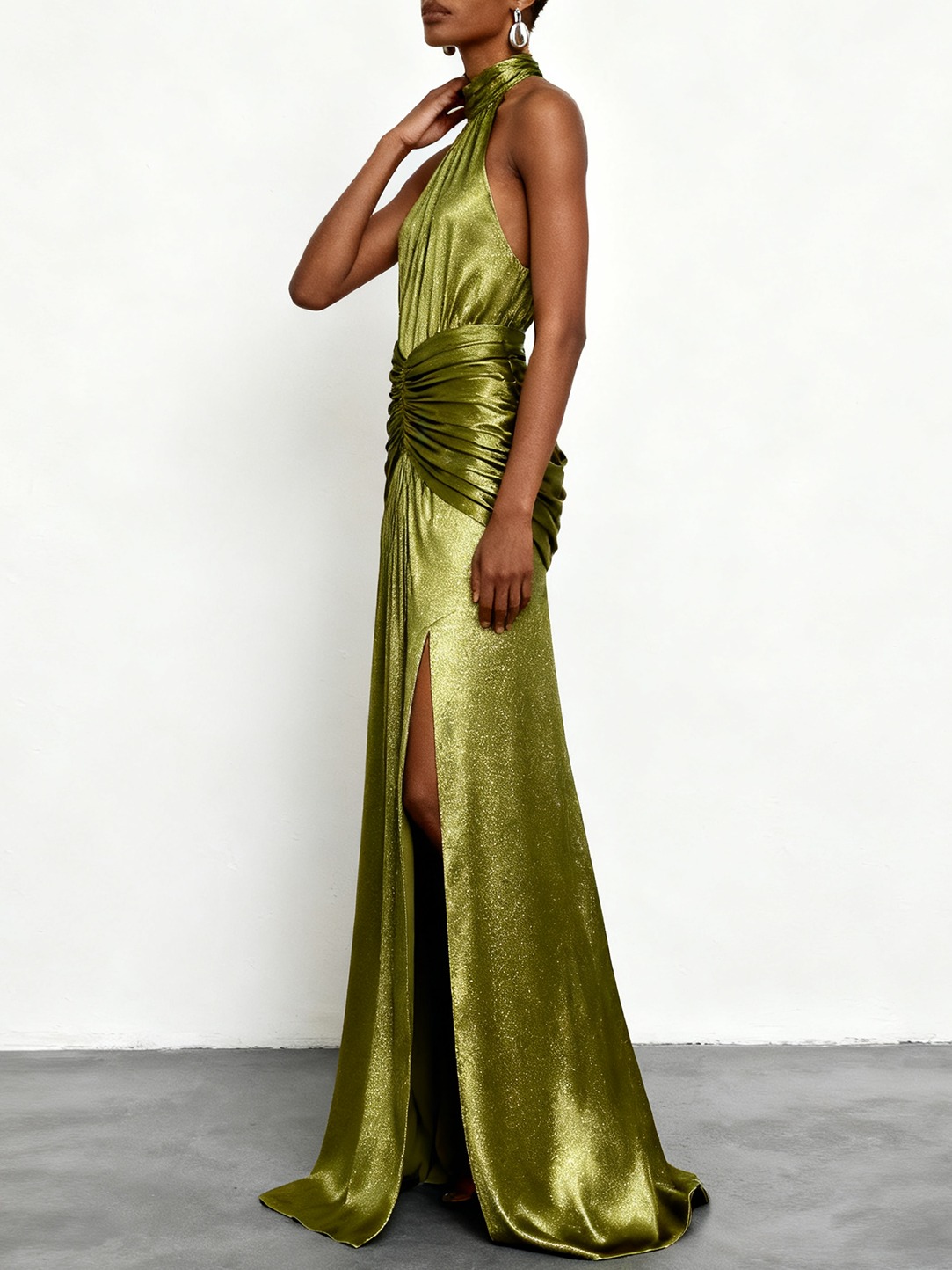 Green Ruched Side-Slit Satin Halter Sleeveless A-Line Gown Dress