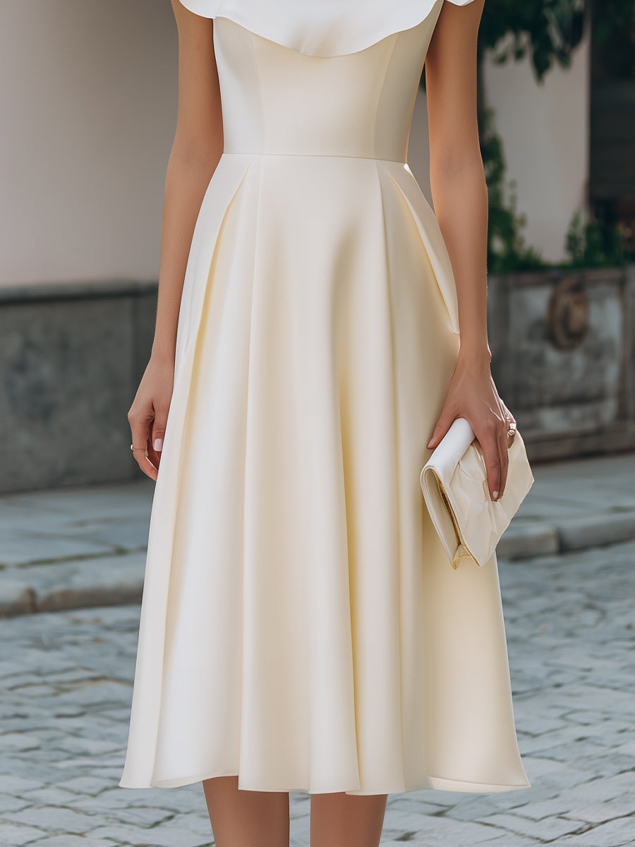 Ivory Ruffled Neckline Cap-Sleeve A-Line Midi Dress