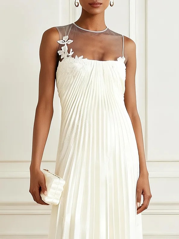 White Pleated Lace Classic Crew Neck Sleeveless A-Line Midi Dress