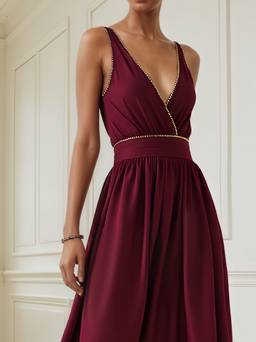 Wine Red Rhinestone Classic V Neck Sleeveless A-Line Maxi Dress