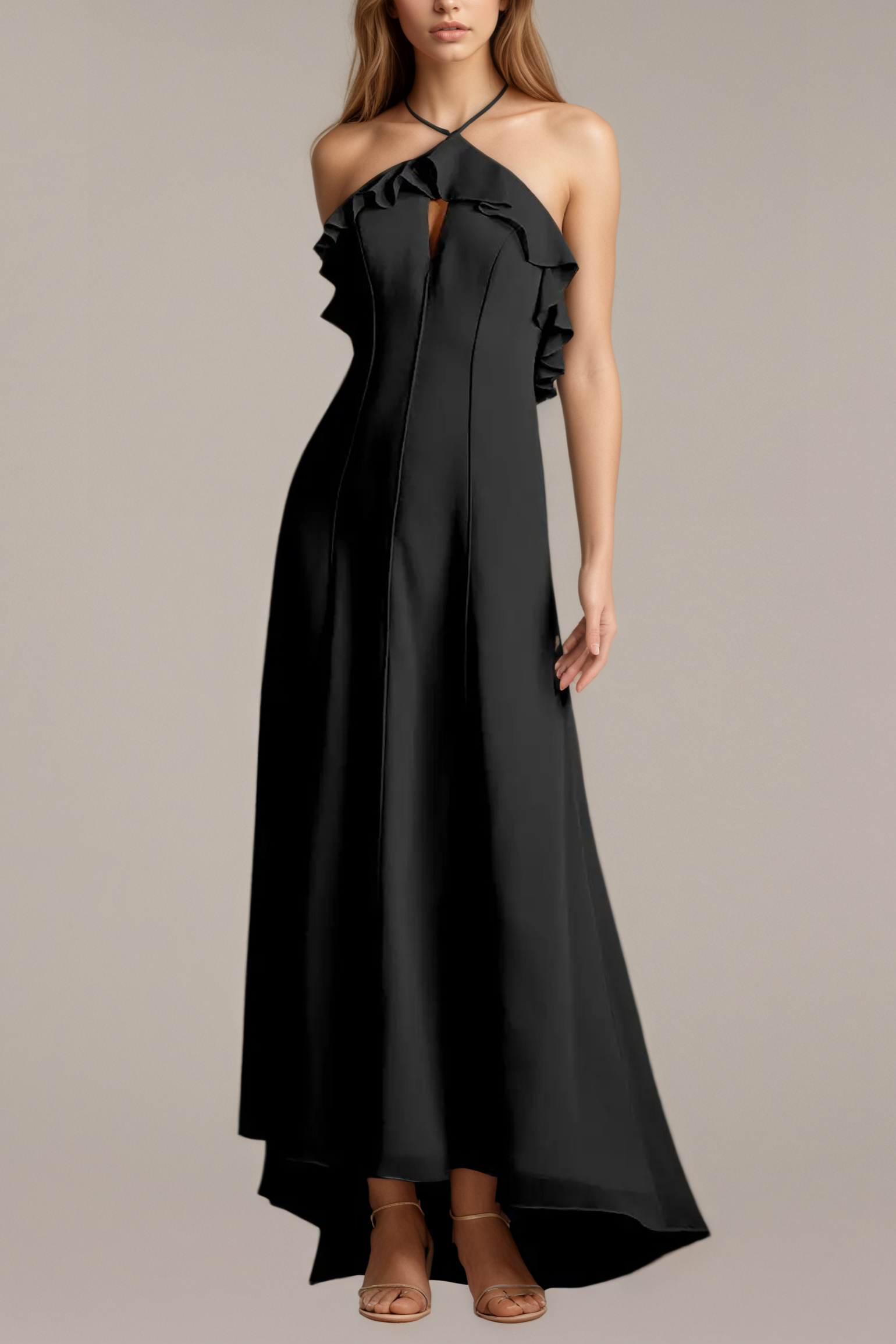 Black Halter Ruffle Asymmetrical Gown