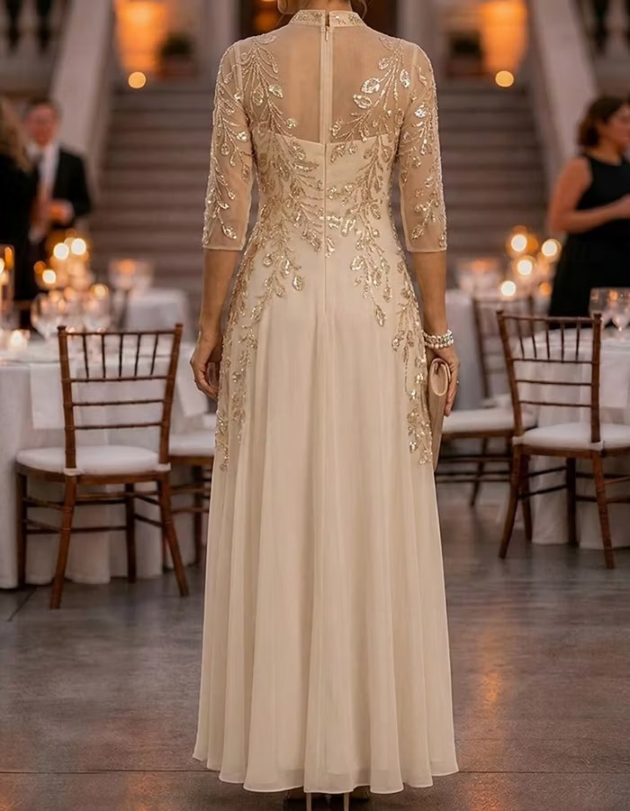Stand Collar Half Sleeve Beaded Chiffon Evening Gown