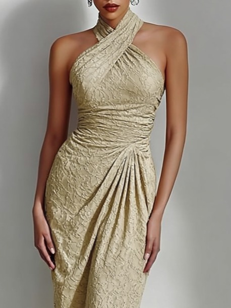 Champagne Side-Slit Classic Halter Sleeveless Sheath Maxi Dress
