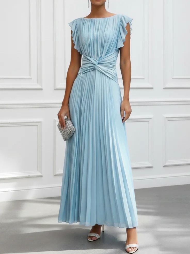 Light Blue Pleated Ruffled Chiffon Boat Neck Short Sleeve Ruffle Sleeve A-Line Maxi Dress
