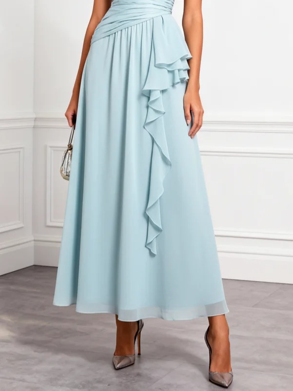 Light Blue Ruffled Ruched Chiffon One Shoulder Sleeveless A-Line Maxi Dress