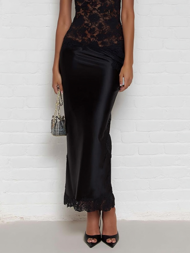Black Lace One Shoulder Sleeveless Sheath Maxi Dress