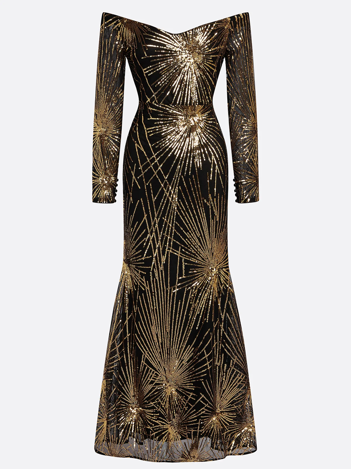 Off-Shoulder Long Sleeve Embroidered Sequin Evening Gown