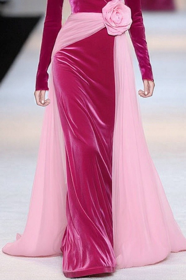 Formal ​Evening Dress Fuchsia V Neck Maxi Long Sleeve Dress