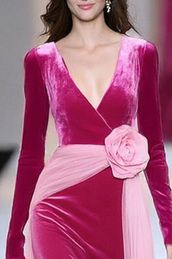 Formal ​Evening Dress Fuchsia V Neck Maxi Long Sleeve Dress